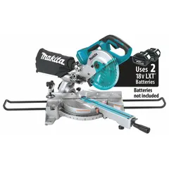 This cordless miter saw has a 7-1/2 in blade diameter and 5/8 in arbor, with a maximum blade speed of 5,700 RPM. It is designed for cutting wood, trim, and molding in construction and woodworking applications. The tool-only configuration requires a separate battery and charger.