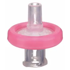 Sterile syringe filter with 0.22 µm pore size for removal of bacteria and particulates from small-volume liquids. Nylon membrane in polypropylene housing, 10 mL max capacity, 13 mm diameter. Female Luer lock inlet, male Luer slip outlet. Used for sample preparation, media sterilization, and filtration of aqueous and organic solutions.