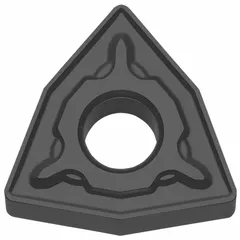 Trigon (W) indexable turning insert made of CVD carbide. Designed for medium to rough machining operations such as turning, facing, and profiling on steel and cast iron. The chipbreaker geometry aids in chip control during general-purpose machining.