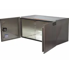 This double barn-door box is designed for underbody mounting on trucks, providing secure storage for tools and equipment. It features a keyed lock and a silver finish. Overall depth is 24 inches.