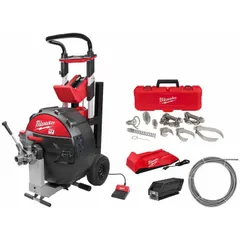 This cordless sewer drum machine operates on the MX FUEL system and is designed for clearing blockages in pipes from 3 in to 6 in diameter. The kit includes the drum machine, charger, and additional components. It is used for drain cleaning in residential, commercial, and industrial plumbing applications.