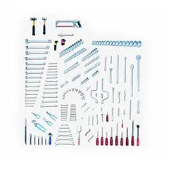 This 278-piece tool set includes both Metric and SAE tools, featuring a Tongue Plier, three Standard Length Phillips Screwdriver Sockets and Bits, three Hand Socket 8 Pt Std SAE, and an Adjustable Wrench. Suitable for industrial maintenance, repair, and assembly tasks.