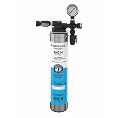 This water filtration system reduces chlorine odor in water supplied to ice machines and refrigerators. It features a 1-micron filtration rating and a flow rate of 2 GPM, with an overall height of 21 inches. Suitable for use in commercial kitchens and foodservice operations where water quality is important.