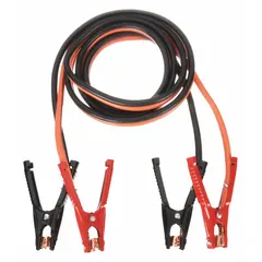 Clamp jumper cable with 1 AWG wire gauge and 12 ft length. Features spring clamp grip jaws and crimped cable connections. Cable jacket is orange with black accents. Used for jump-starting vehicles and equipment with 12 V or 24 V electrical systems.