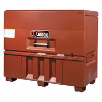 This piano-style jobsite box provides 48.9 cu ft of storage capacity. It is finished in brown and features a padlock hasp for securing contents (lock not included). Typical applications include storing tools and equipment on construction sites, industrial facilities, and job sites
