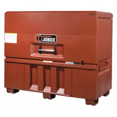 This piano-style jobsite box provides 48.9 cu ft of storage capacity. It is finished in brown and features a padlock hasp for securing contents (lock not included). Typical applications include storing tools and equipment on construction sites, industrial facilities, and job sites.