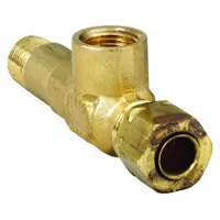 Brass compression tee fitting for 1/4 in OD tube to 1/8 in pipe connections. Self-aligning design simplifies installation and provides a secure seal. Supplied in a 10-pack. Suitable for branch connections in pneumatic, hydraulic, and instrumentation tubing systems