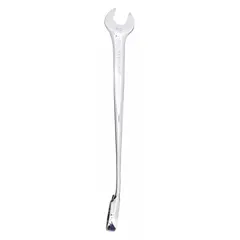 Alloy steel construction with a chrome finish. Features a 14 mm 12-point ratcheting box end and open end. Overall length of 9 1/4 in. Suitable for tightening or loosening fasteners in confined spaces.