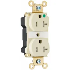 This hospital-grade duplex receptacle is rated 125V AC, 20 A with a 5-20R configuration, 2 pole / 3 wire grounding, and an ivory finish. It is designed for use in healthcare facilities and other settings requiring reliable grounding and robust construction.