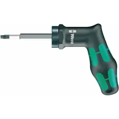 Preset pistol-handle torque screwdriver with click-type mechanism. Provides consistent 3.7 ft-lb torque for precision fastening. Audible and tactile feedback signals when preset torque is reached. Suitable for assembly and maintenance tasks requiring controlled torque application.