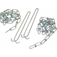 Chain hanging kit for suspending industrial strip light fixtures. Includes wire hook and chain. For use with channels up to 5 inches wide. Dimensions: 2 1/6 in height, 4 5/12 in width. Unfinished finish. 2-pack.