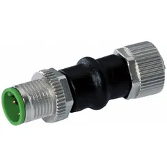 M12 A-coded gender adapter with 5-pole male to 5-pole female contacts, rated for 800V DC power and signal transmission. Straight cable-to-cable design with PUR housing and IP67 protection. Suitable for connecting M12 cables of opposite genders in industrial automation and sensor networks.