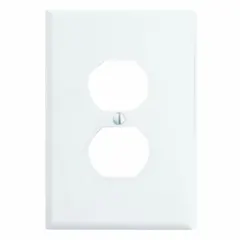 General-purpose wall plate for covering and protecting duplex electrical outlets. Constructed of plastic with a white finish. Jumbo size accommodates oversized or damaged drywall cutouts. Suitable for residential and commercial applications.