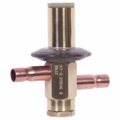 Thermostatic expansion valve for R-134A refrigerant systems. Nominal capacity of 2 tons with 3/8 inch female ODF connections. Regulates refrigerant flow into the evaporator in commercial cooling applications.