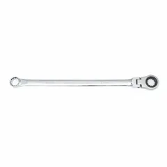 This metric double-end 12-point ratcheting box end wrench features a flex design for access to fasteners in confined spaces. Constructed of steel with a chrome finish, it has a 24 mm head size and 19 1/4 in overall length. Suitable for tightening or loosening fasteners in automotive, industrial, and mechanical applications.