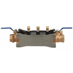 Double check backflow preventer with 1 1/4 in pipe size, FNPT x FNPT connections, and ball valve shut-off. Constructed of bronze with an overall length of 14.88 in. Used in commercial and industrial plumbing systems to protect potable water from backflow under continuous pressure.