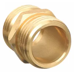 This rigid GHT-to-GHT adapter features male x male threads, allowing connection of two garden hoses or fittings with male ends. With a 32 mm overall length, it provides a secure coupling for extending or joining water supply lines in irrigation and general fluid transfer systems.