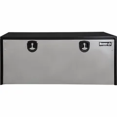 This steel single drop-down door box from BUYERS PRODUCTS features a gloss black/silver finish and an 18-inch overall depth. It is equipped with a keyed lock for security. Suitable for mounting on service trucks, utility vehicles, and work trucks to store tools and equipment.