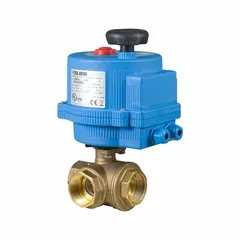 This three-way T-port ball valve is constructed of brass with female NPT connections on all ports. It is actuated by a 24V AC/DC electric actuator featuring a manual override and an ISO 5211 mounting pad. Suitable for diverting or mixing flow in automated piping systems.