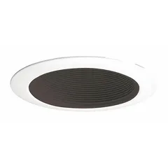 This 4-inch diameter housing trim ring is rated for 50 W and wet locations. It features a matte white baffle finish and is designed for flat ceilings. Suitable for use in bathrooms, covered porches, and other damp areas where glare reduction and even light distribution are required.