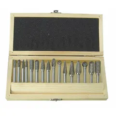 This 16-piece double-cut carbide bur set from WESTWARD includes head diameters ranging from 1/4" to 1/2" with a 1/4" shank. The double-cut design facilitates material removal, deburring, and shaping on ferrous and non-ferrous metals. Suitable for metalworking, tool and die making, and fabrication applications.