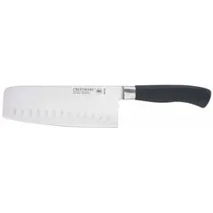 This forged steel cleaver features a Granton edge to reduce friction during cutting. The 7 in overall length and black Santoprene handle provide a secure grip. Suitable for heavy-duty chopping, slicing, and portioning of meat, poultry, and vegetables in commercial kitchens.
