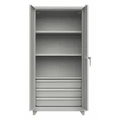 This stationary steel cabinet from STRONG HOLD features welded construction with a gray baked enamel finish. It includes 4 adjustable shelves and a swing handle with padlock hasp for security. The cabinet has a 14 ga panel thickness and legs base, suitable for organized storage in industrial environments.