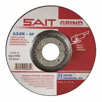 General purpose grinding wheel for carbon and stainless steel. Type 27 depressed center design enables flush grinding on flat surfaces. Aluminum oxide abrasive with 24 grit for rapid material removal, weld blending, and edge chamfering in fabrication and maintenance tasks