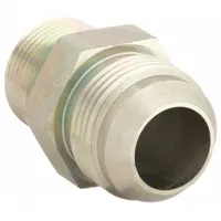 Rigid, straight steel adapter connecting NPTF male threads to JIC male threads. Used in hydraulic systems for fluid power applications such as industrial machinery and mobile equipment. Fitting size 3/4 in x 7/8 in
