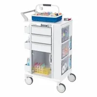 This aluminum medical procedure cart features a white cabinet and white drawers, with two swivel casters and two swivel casters with brakes. It is designed for mobile storage and organization of supplies and instruments in clinical settings