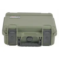Suitcase-style protective case with solid green construction and stationary design. Features latch-type closures and is carry-on size. Suitable for transporting sensitive equipment such as cameras, instruments, or electronics