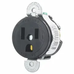 Single general-purpose receptacle rated 125V AC and 15A with NEMA 5-15R configuration. 2-pole/3-wire grounding design in black finish. Suitable for powering office equipment, light machinery, and general lighting in commercial and industrial electrical systems.
