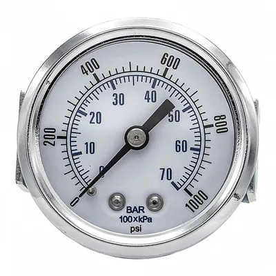 PIC GAUGES Industrial Pressure Gauge: 0 psi to 1,000 psi, 2 in Dial, 1/8 in NPT Male - U-Clamp Panel-Mount with Copper Wetted Parts