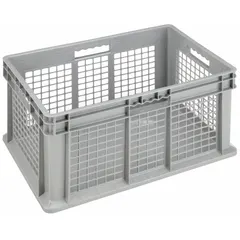 This plastic container features vented walls and a solid bottom for airflow and containment. Its straight-wall design and stacking capability allow efficient vertical storage in warehouses and manufacturing facilities.