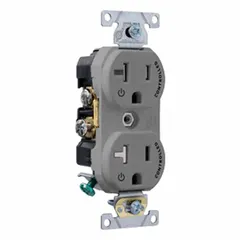 Duplex general purpose receptacle rated 125V AC, 20 A, with NEMA 5-20 configuration, 2 pole / 3 wire. Gray finish. Suitable for commercial and industrial applications where 20A, 125V power is required for equipment and appliances.