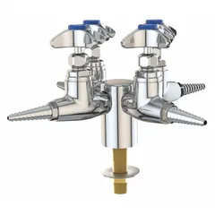 Needle valve with threaded shank, cross configuration, four handles, and four outlets. Chrome finish with yellow index color. 90-degree flow pattern. Flow rate 6.8 scfm. Used in laboratory gas or liquid systems for precise flow control, allowing multiple connections from a single source.