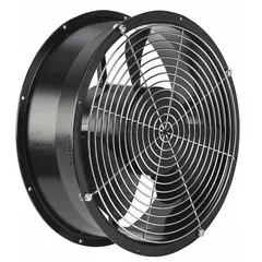 Standard round axial fan with 9-inch diameter and 3.5-inch depth, constructed from aluminum. Operates on 115V AC power and terminates with lead wires. Used for cooling and ventilating electrical enclosures and industrial cabinets to dissipate heat from sensitive components.