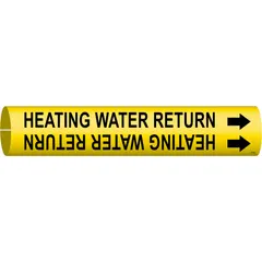 Yellow snap-on pipe marker with black legend 'Heating Water Return' and directional arrows. Fits pipe outer diameters of 4 to 6 inches. Used to identify heating water return lines in industrial piping systems.