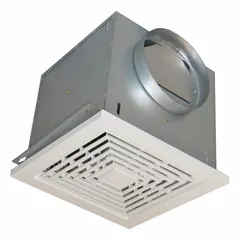 Ceiling-mounted exhaust fan for removing moisture and odors in residential or light-commercial bathrooms. Delivers up to 320 cfm at 2.9 sones with variable speed control. Operates on 115V AC and includes a backdraft damper. Round duct connection; no heater or sensor.
