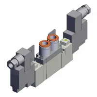 This SMC SY7000 Series directional control valve is a double solenoid, five-way/two-position, bi-stable unit with five ports. It operates on 24V DC and features 3/8 in NPT connections, a DIN solenoid connector, internal pilot, and non-locking manual override. Commonly used in pneumatic systems for automated manufacturing, packaging, and material handling equipment