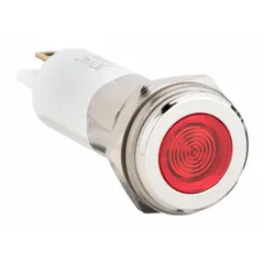 This LED indicator pilot light features a red flush head for low-profile mounting in panels with a 12 mm hole diameter. It uses a 0.11 male quick disconnect electrical connection. Typical applications include industrial control panels and machinery where a compact visual status signal is required.