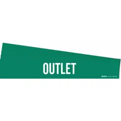 Adhesive pipe marker for identifying outlet lines in piping systems. Green background with white legend text, designed for pipes with outer diameter of 8 inches and larger. Each pack contains 5 markers, one per pipe, without directional arrows.
