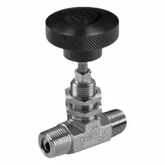 This HAM-LET needle valve features a 316 stainless steel straight body with integral bonnet and regulating stem. It has male NPT connections on both sides and a plastic knob handle. Designed for liquid media, it is suitable for flow regulation and shutoff in industrial piping systems, meeting ISO 15848-1 standards.