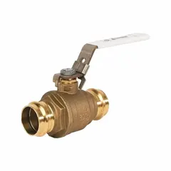 This brass ball valve features a full port design for minimal pressure drop and straight body configuration. It has press x press connections and a locking lever handle for manual on/off flow control. Suitable for use in industrial piping systems handling water, oil, or gas.