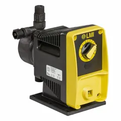 Solenoid-driven diaphragm metering pump with acrylic head, PTFE diaphragm, and PVC fittings. Operates at 115/230V AC with ceramic check balls and Polyprel seals. Reproducibility ±3.0%. Used for precise chemical dosing in water treatment and industrial processing.