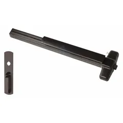 This rim-type exit device features a touchbar style and a thumbpiece pull outside trim. It is designed for doors up to 4 ft wide and is ADA compliant for accessible egress. The bronze finish suits commercial applications such as schools, offices, and retail spaces.