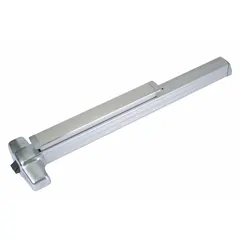 Rim-type exit device with touchbar style for doors up to 3 ft wide. Chrome finish. Includes night latch outside trim. ADA compliant. Suitable for commercial buildings requiring safe egress.