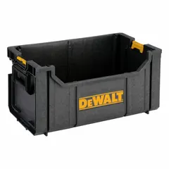 Plastic storage tote in black. Dimensions: 21-7/8 in width, 12-7/8 in depth, 10-7/8 in height. Stacking latch allows secure stacking with other ToughSystem modules for organized transport of tools and accessories on job sites.