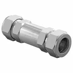 This HAM-LET poppet check valve features an inline valve body with a 316 stainless steel seat. It is designed for water media and other fluids in instrumentation systems requiring one-way flow control.