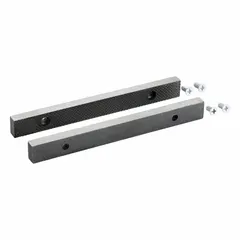 Steel screw-in vise jaw caps designed for 8-inch vise jaw width. Includes 4 screws for installation. Compatible with models 3FDH2, 6RA23, and CT-102-8. Used to protect vise jaws and provide secure clamping of workpieces.